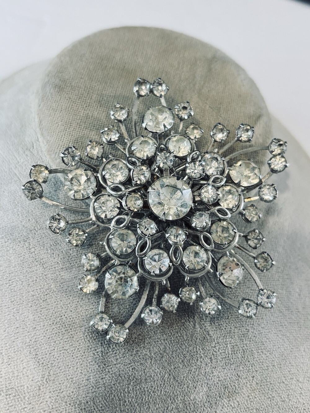 Vintage Large Rhinestone Brooch 3" Prong Set Silver Tone Starburst Floral Pin